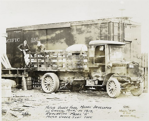 GMC Model KU 5 ton. Motor under hood, model developed in Owosso, Mich., in 1913.