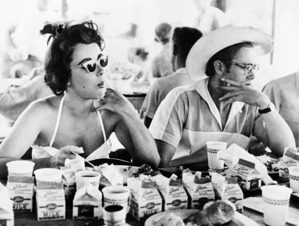 James Dean and Elizabeth Taylor on a coffee break during ‘Giant’, 1956.