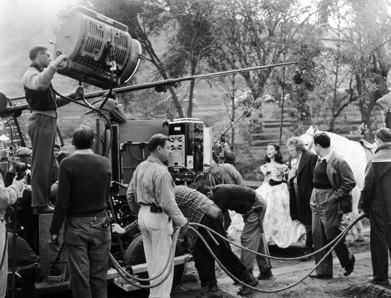 Vivien Leigh and Thomas Mitchell, as Gerald O'Hara, on the set of Gone with the Wind in 1939