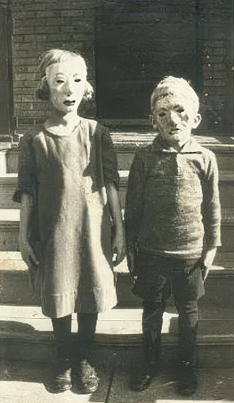 Children wearing homemade masks, 1905