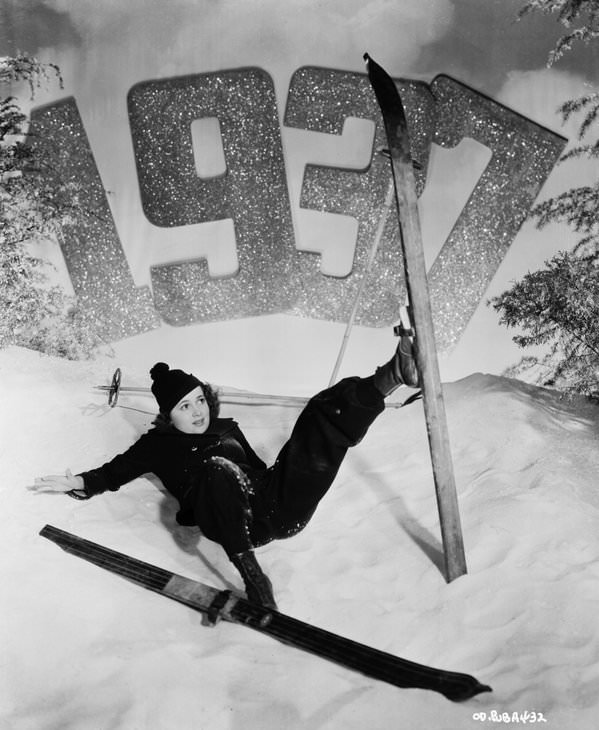 Olivia de Havilland skiing her way into 1937.