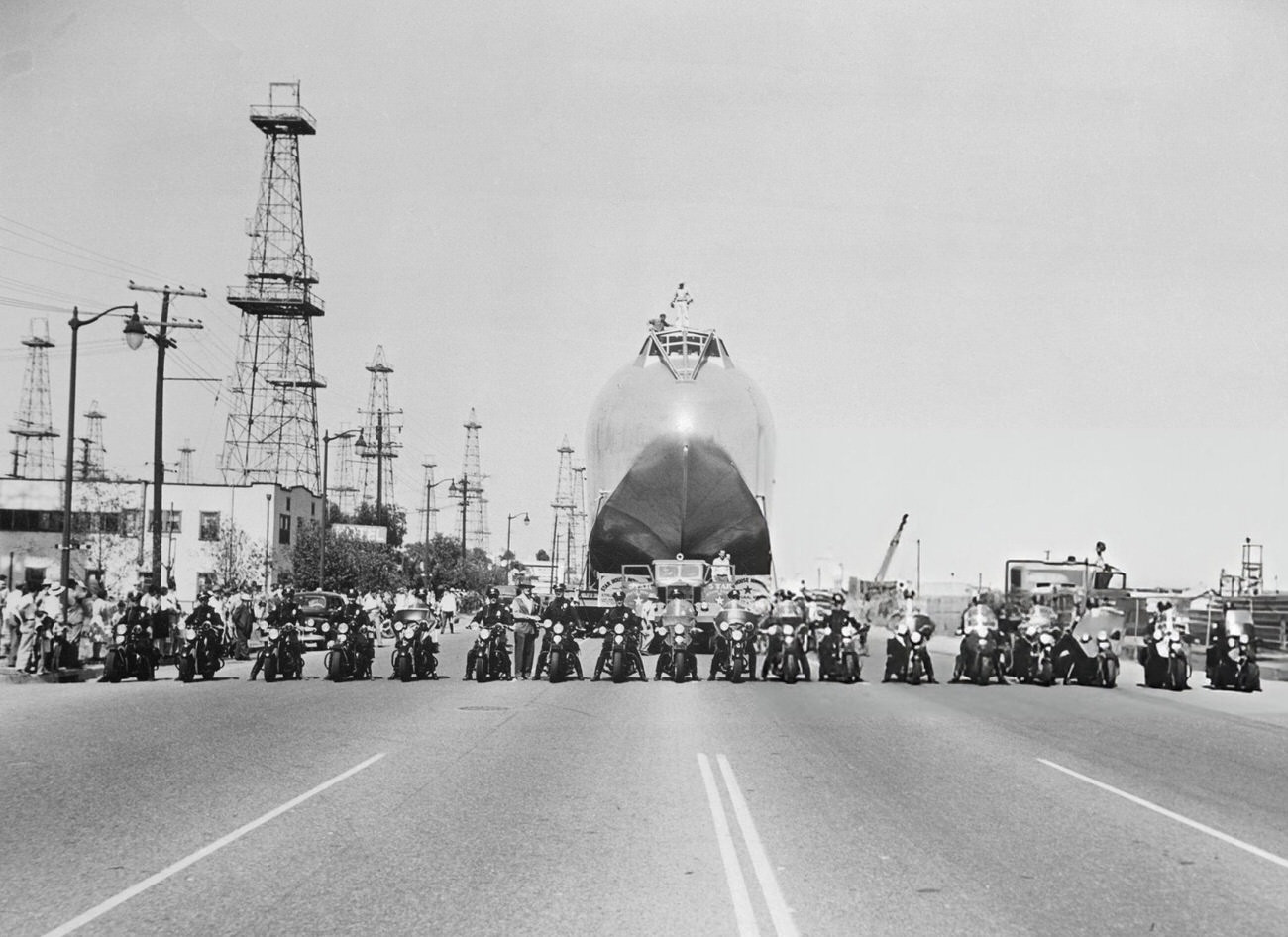 The Spruce Goose fuselage being transported from Culver City to Long Beach, 1946.