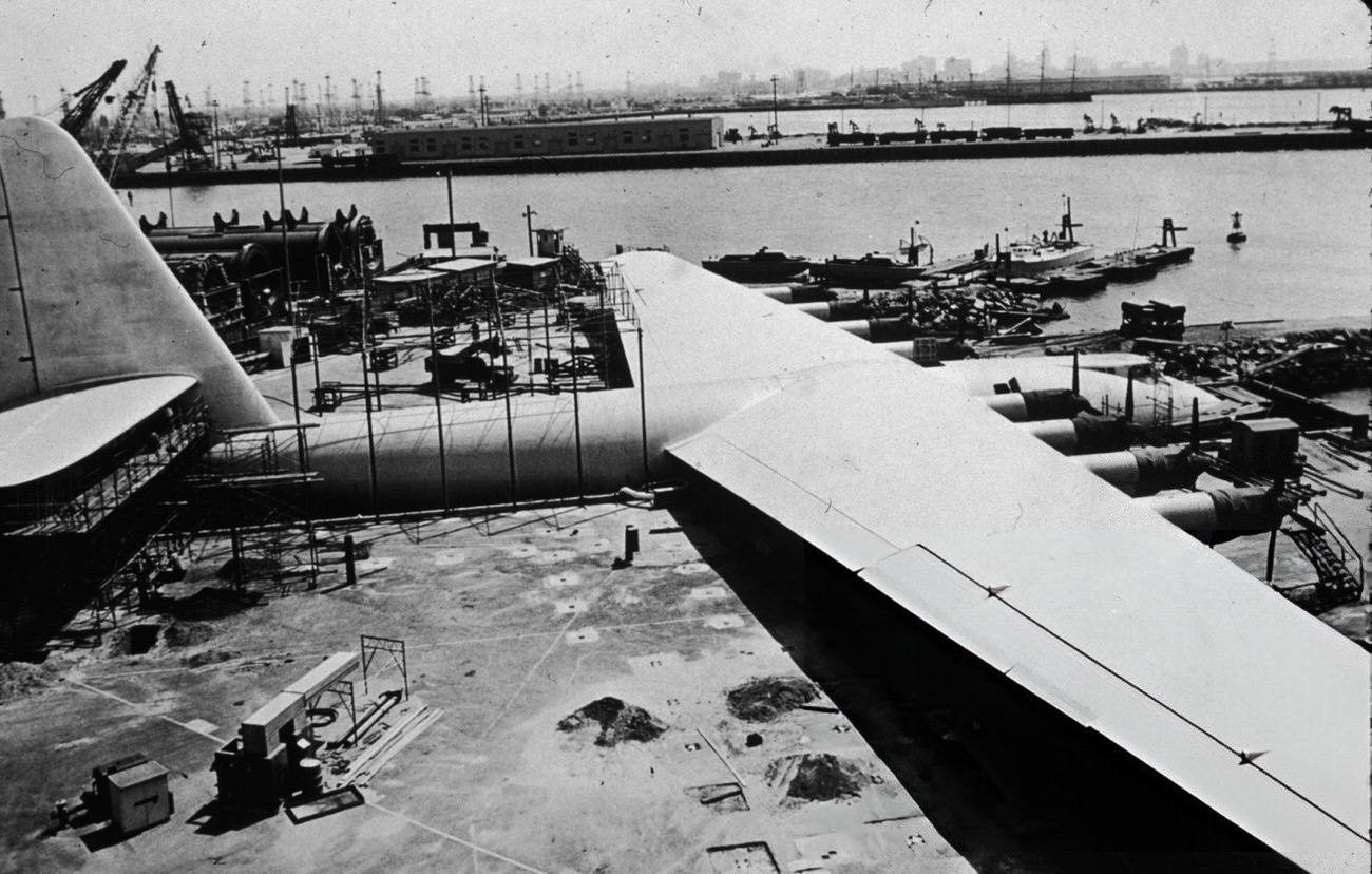 The Spruce Goose, a massive seaplane designed by Howard Hughes, 1947.