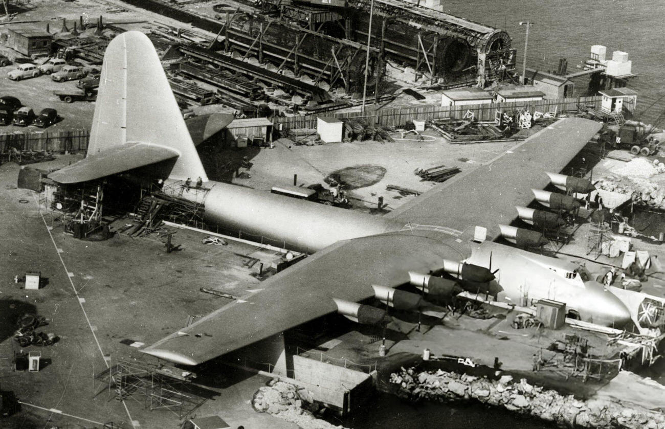 The Spruce Goose nearing completion in Long Beach, California, 1947.