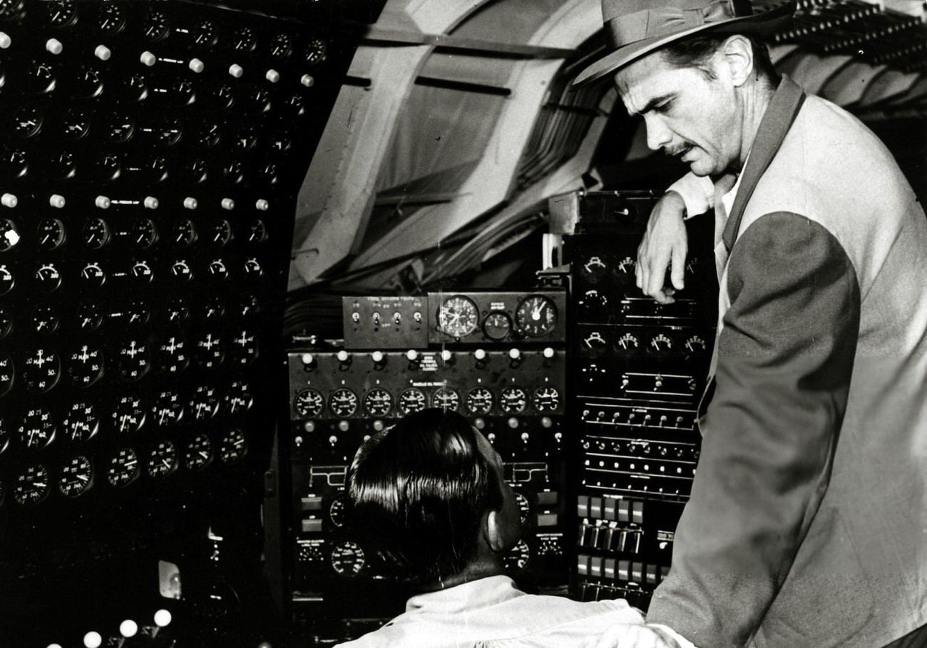 Howard Hughes and an engineer on the Spruce Goose, 1947.