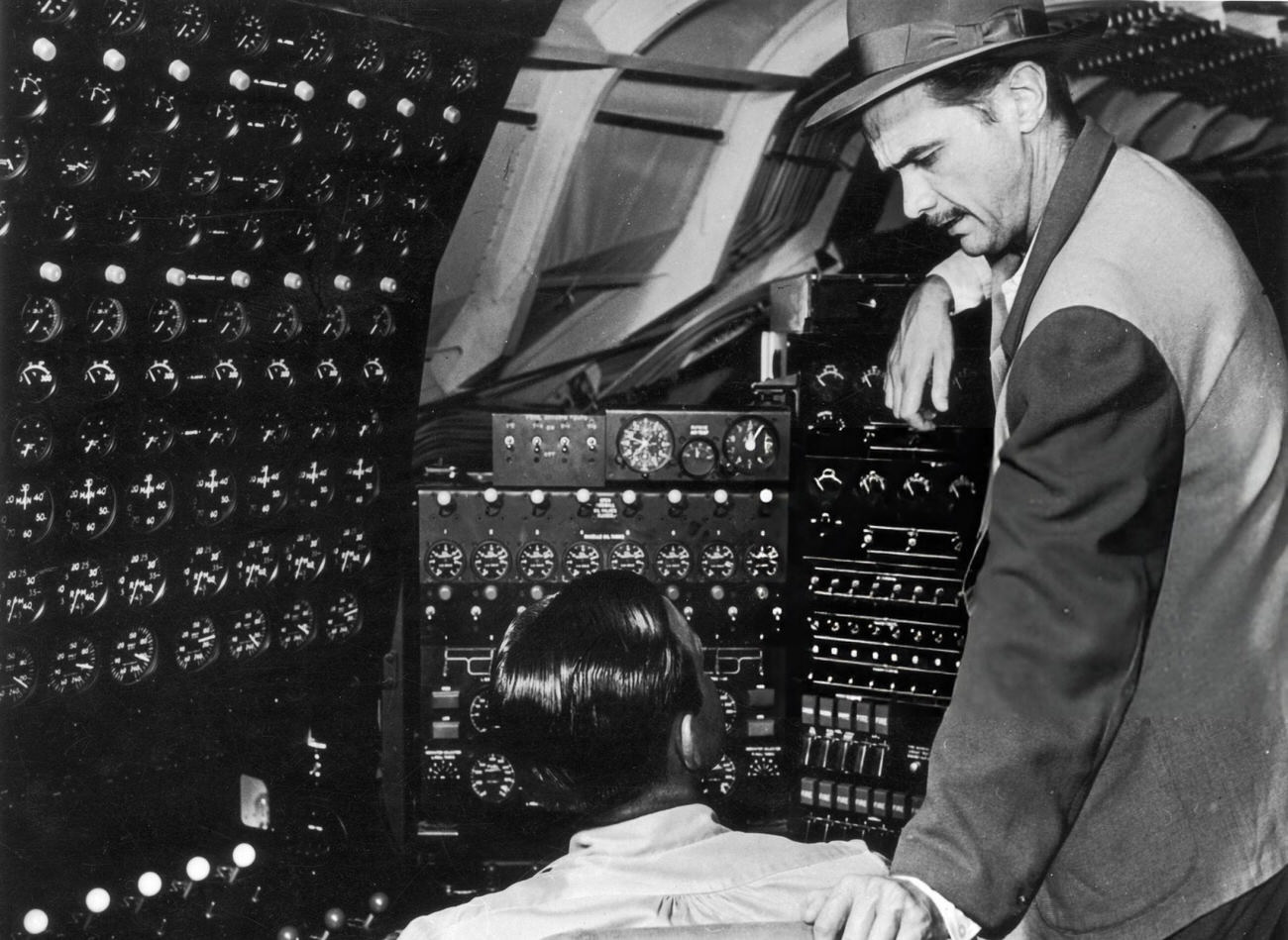 Howard Hughes on the flight deck of the Spruce Goose on the day of its only flight, 1947.