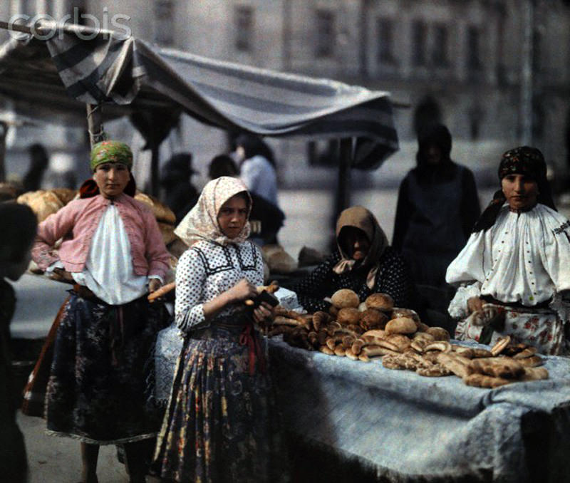 Peasant women selling bread at the market in Mohacs, Hungary, January 1930.