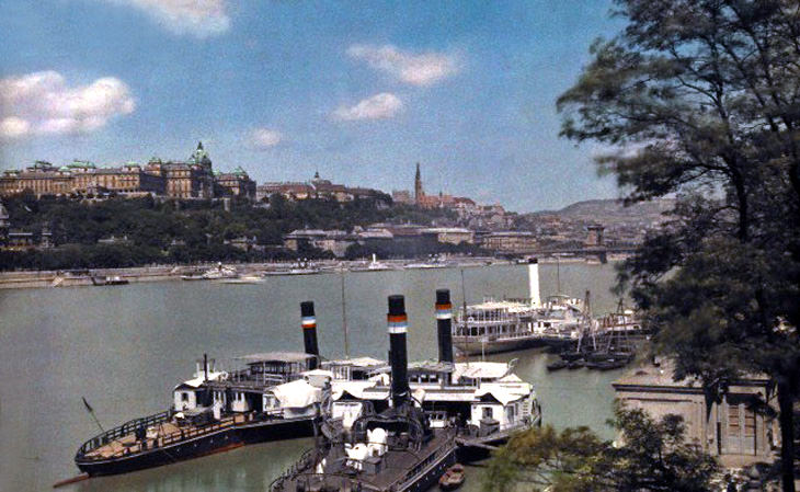 Traffic along the Danube with the Royal Castle in the background, Budapest, Hungary, January 1930.