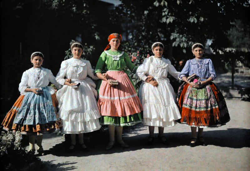 Five young girls proudly wear their Hungarian national costumes, June 1932.