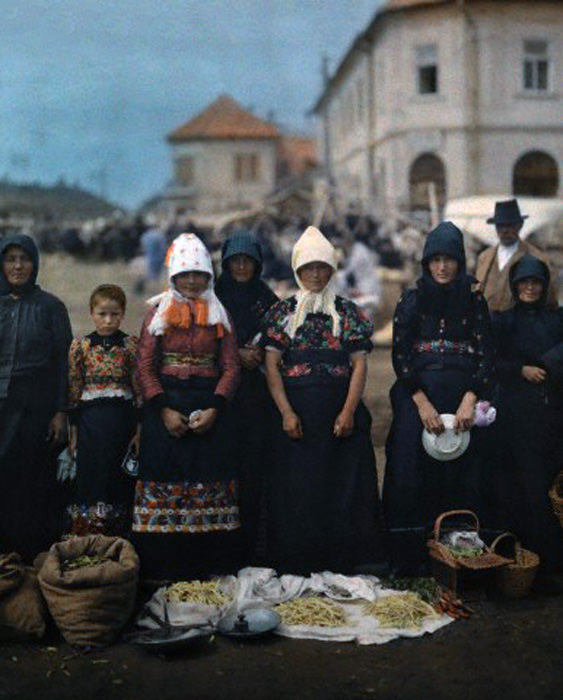 Peasant women and girls at the market in Mezokovesd, Hungary, January 1930.