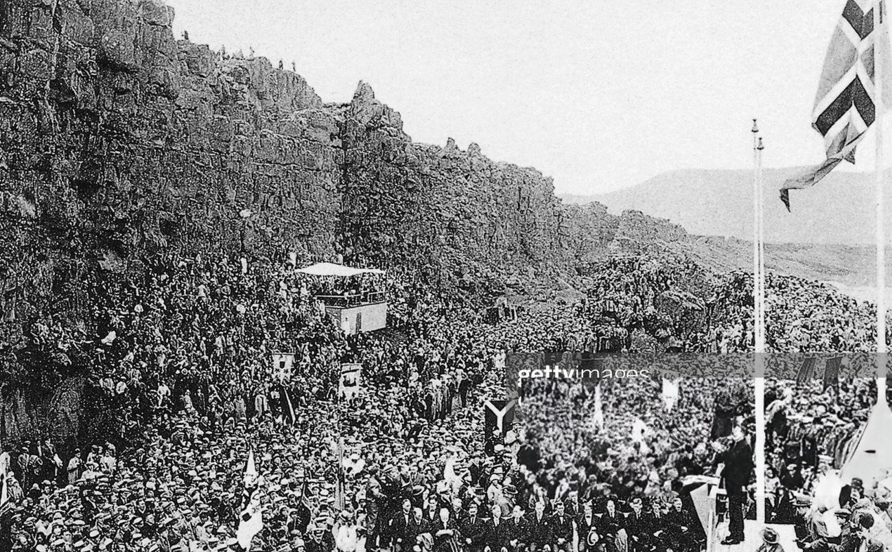 Prime Minister Trygvi Thorhallson delivering a speech at the Althing parliament's 1000th anniversary, 1930.