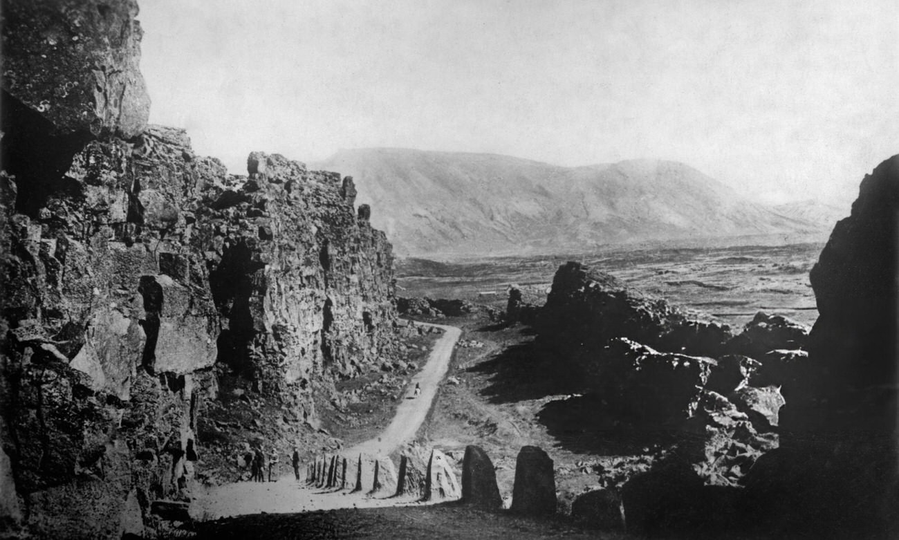 Landscape photograph with coast and craggy rocks at Thingvellir, Iceland, 1930s.