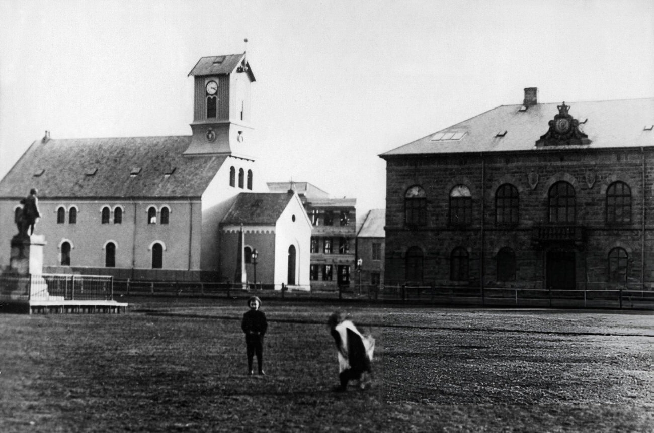 Reykjavik Cathedral and University, with Bertel Thorvaldsen's monument, 1936.