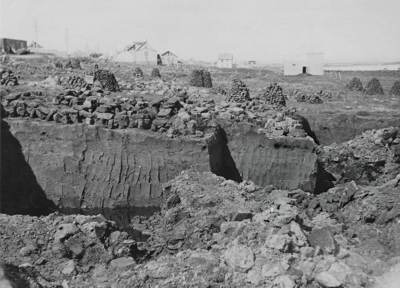 Peat stacks and cutting in Iceland, 1935.