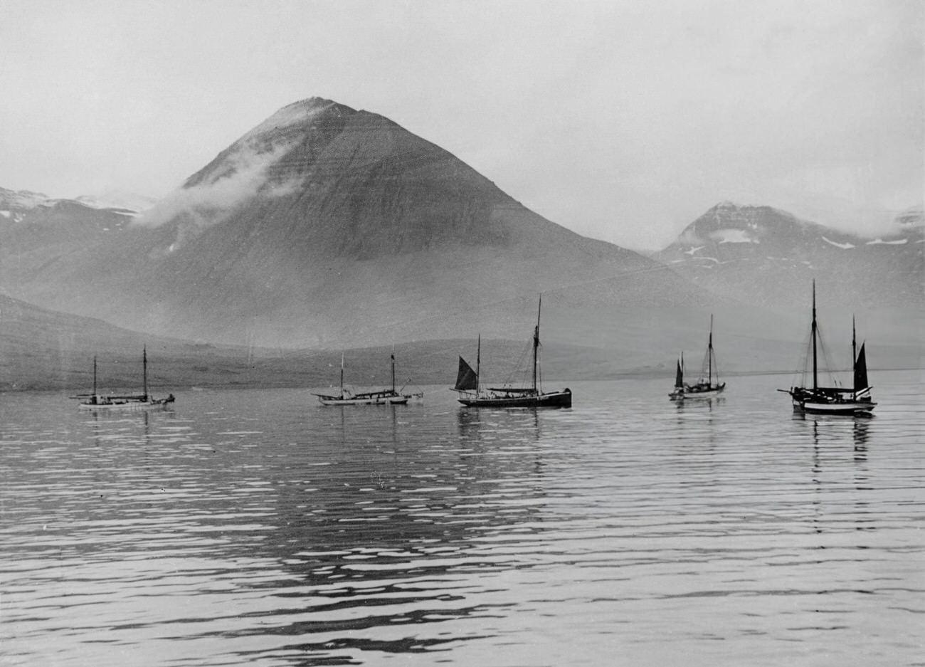 Fishing boats on a fjord in Iceland, 1935.