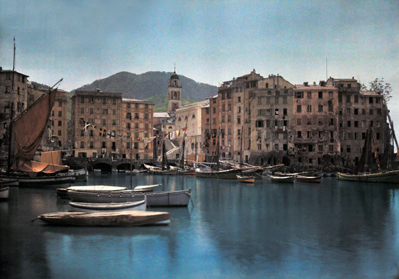 Ships at port in a small Italian town, Italy, 1935.