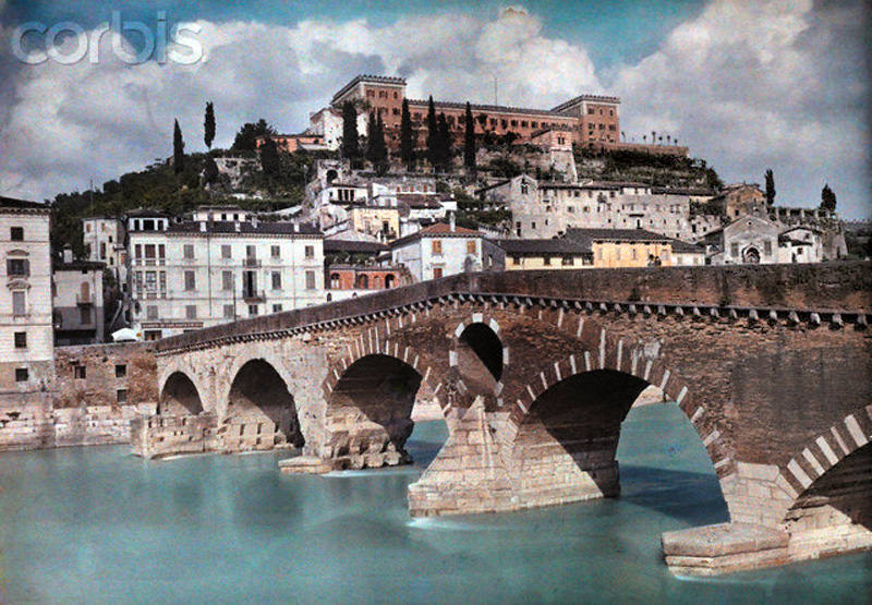 A Roman stone bridge in Verona, Italy, 1935.