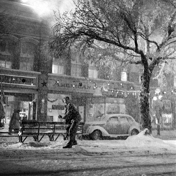 Jimmy Stewart in downtown Bedford Falls, a.k.a., on the set of It's a Wonderful Life