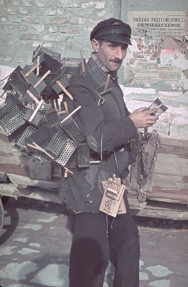 A peddler in Warsaw, Nazi-occupied Poland, 1940.