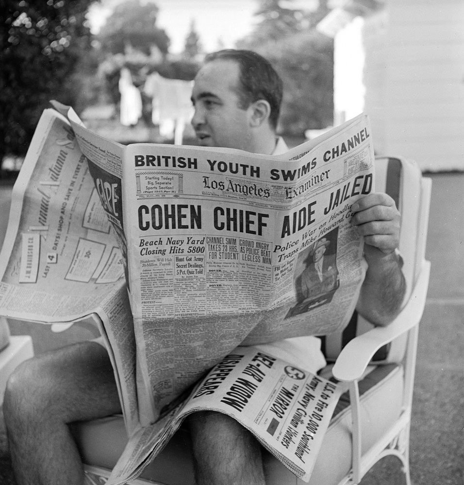 Mickey Cohen relaxing at home in Los Angeles, 1949.