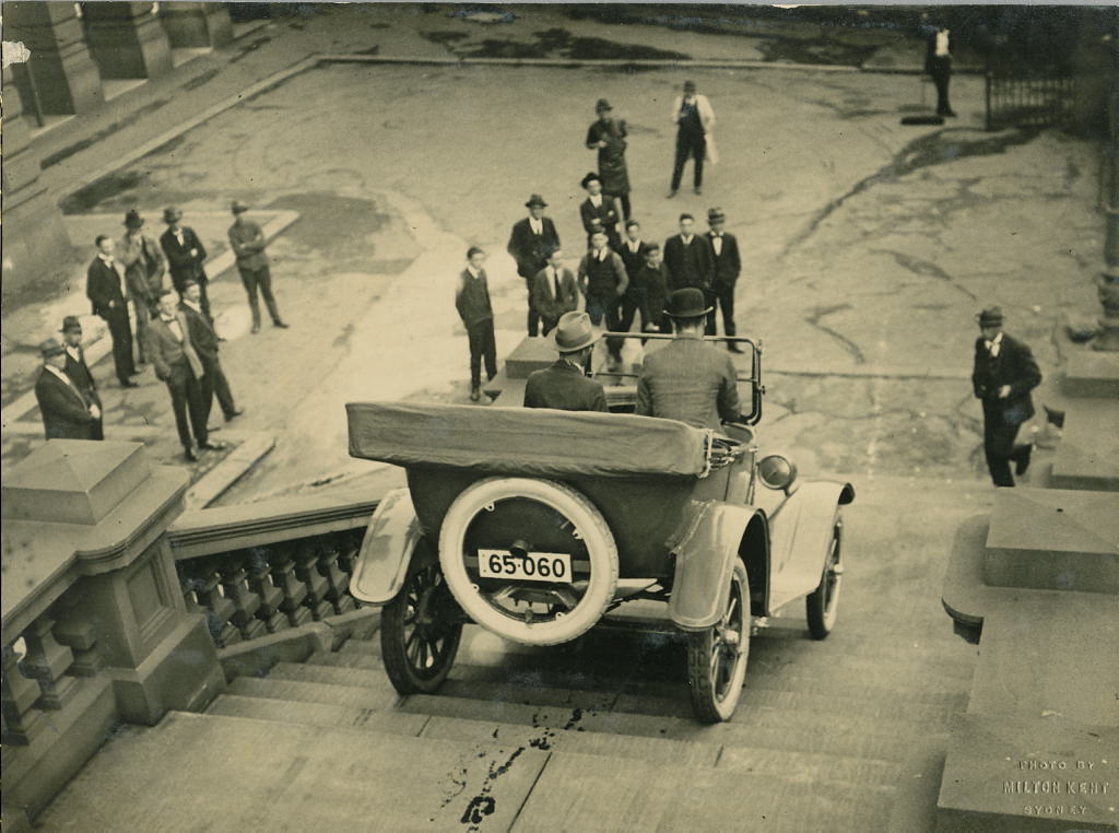 Overland car being driven down steps of Sydney Town Hall, 1920 - 1929