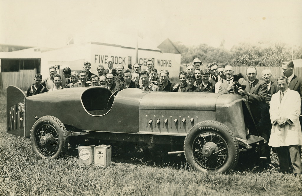 Anzac car [with Harkness & Hillier staff at Five Dock], 1928 - 1929