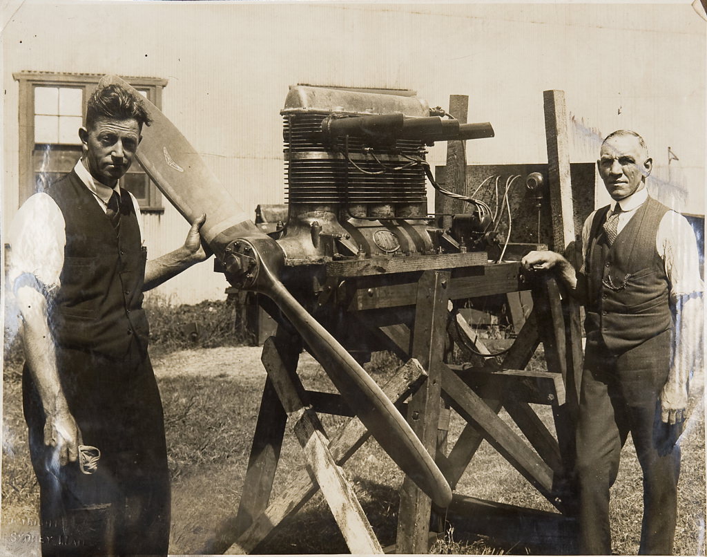 Don Harkness and unidentifed man with hydroglider engine, 1923 - 1933