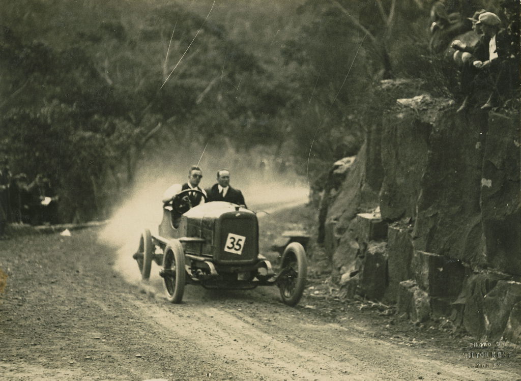 Don Harkness at wheel in RAC hill climb, Royal National Park, 1926