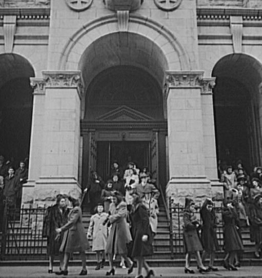 Churchgoers leaving Saint Dominick's Church on Sullivan Street on New Year's Day, 1943.