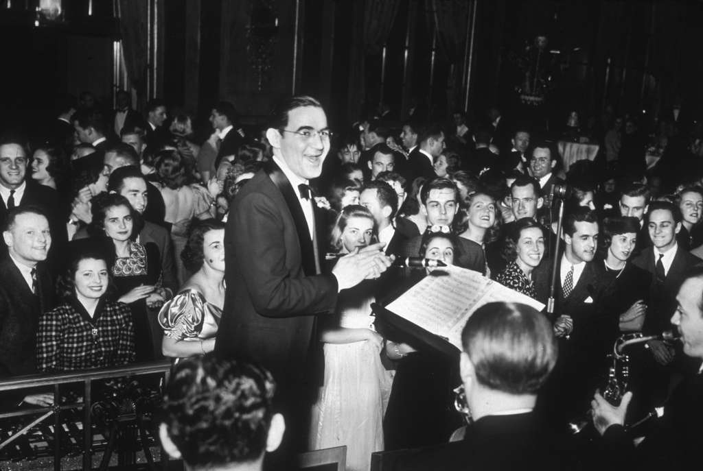 Benny Goodman and his orchestra playing at a New Year's Eve dance at the Waldorf Astoria, New York City, 1938.