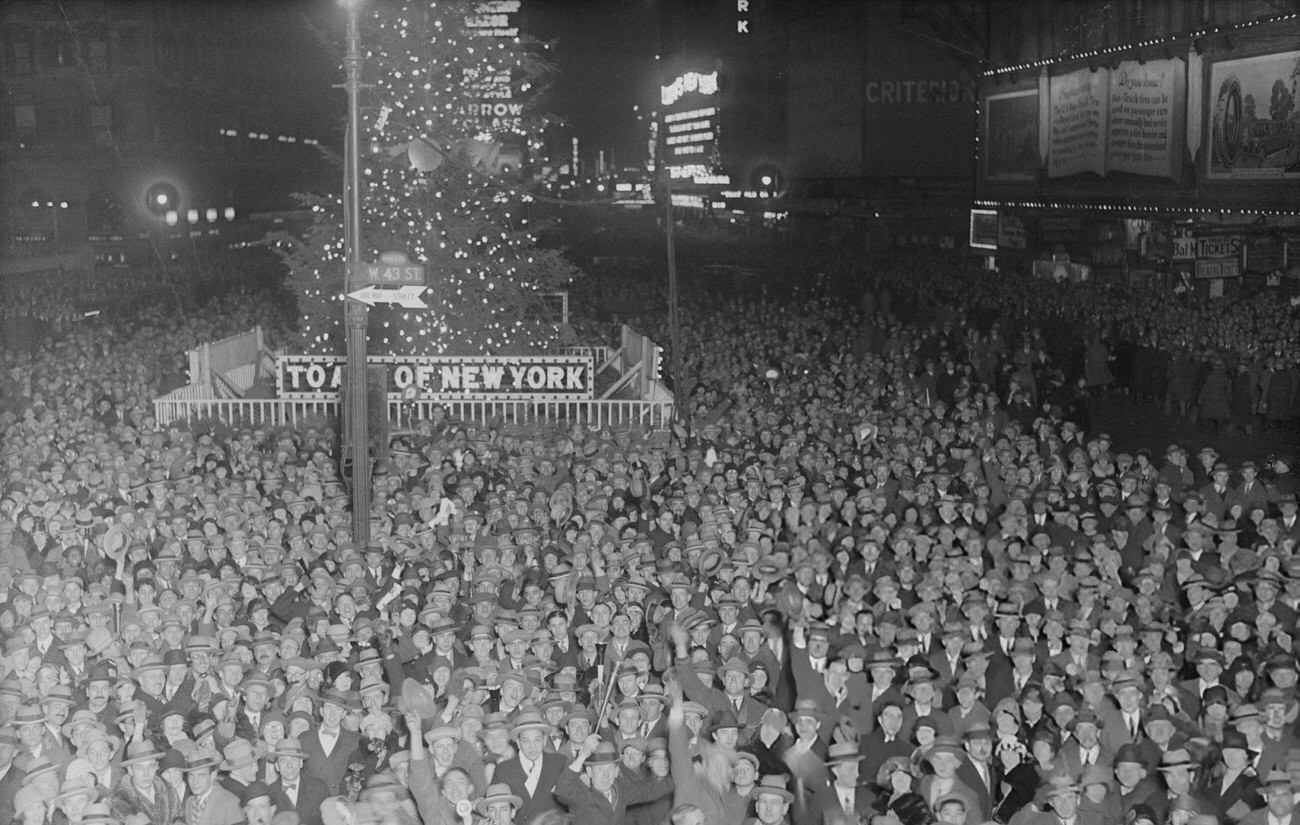 An aerial view of Times Square on New Year's Eve, 1926.