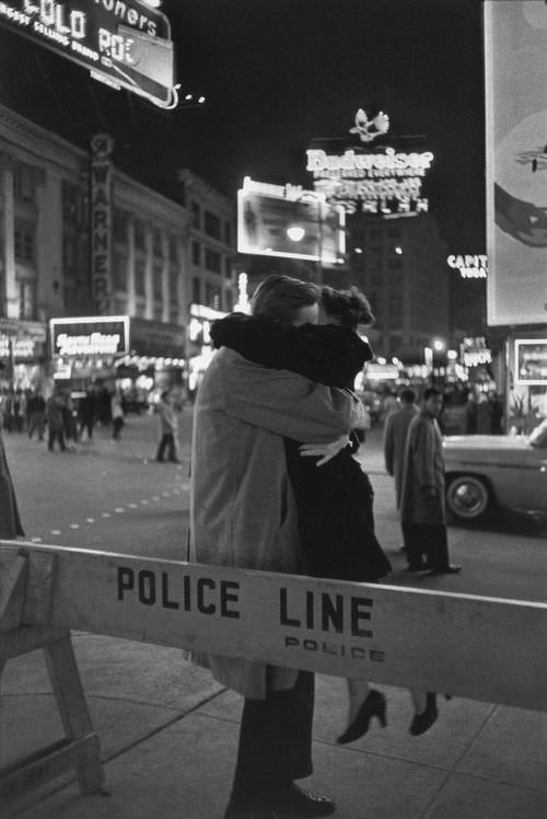 A couple kissing in Times Square, New York City, New Year’s Eve, 1959