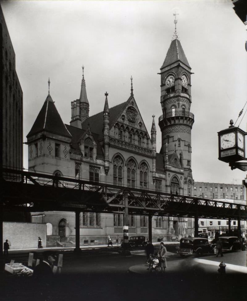 efferson Market Court, southwest corner of Sixth Avenue and West 10th Street, looking north from southwest corner of Sixth Avenue and West 9th Street, Manhattan.