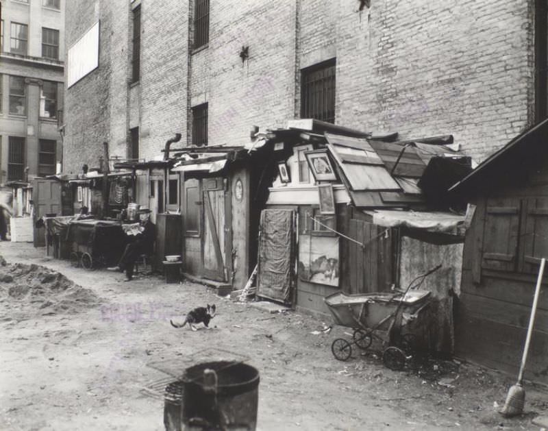 Unemployed and huts, West Houston -- Mercer St., Manhattan. Man sits reading in front of huts built of salvaged materials some decorated with pictures, cat in center, baby carriage, broom, right.