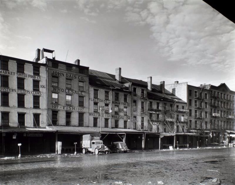 Fish dealers and the Meyers Hotel in row of buildings along South Street.