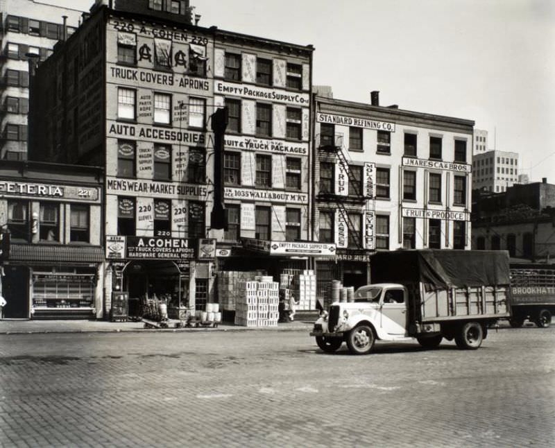 217-221 West Street, Manhattan. 2, 3, and 4-story buildings with a cafeteria, produce market, hardware store, package supply store and other businesses.