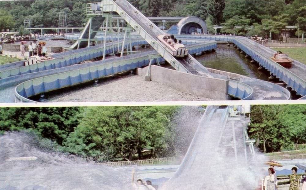 The log flume ride at Taesongsan, which is now not operated except on the park's busiest days having falling into disrepair.