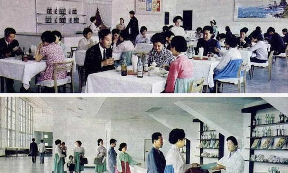 Guests enjoy some North Korean cuisine at an upmarket restaurant in Pyongyang, in this image taken in 1976.