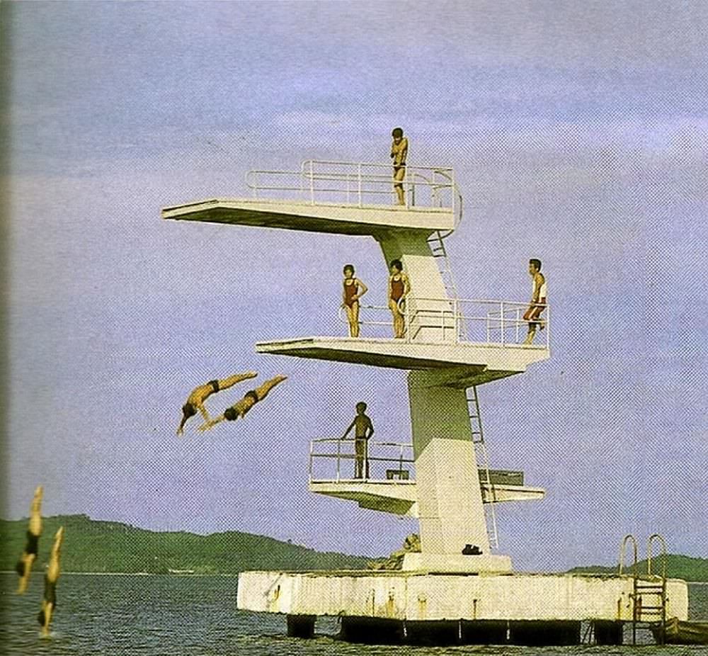 People enjoying a diving platform in the city of Wonsan. Tourism was and is an important source of income for North Korea, as well as helping spread its propaganda.