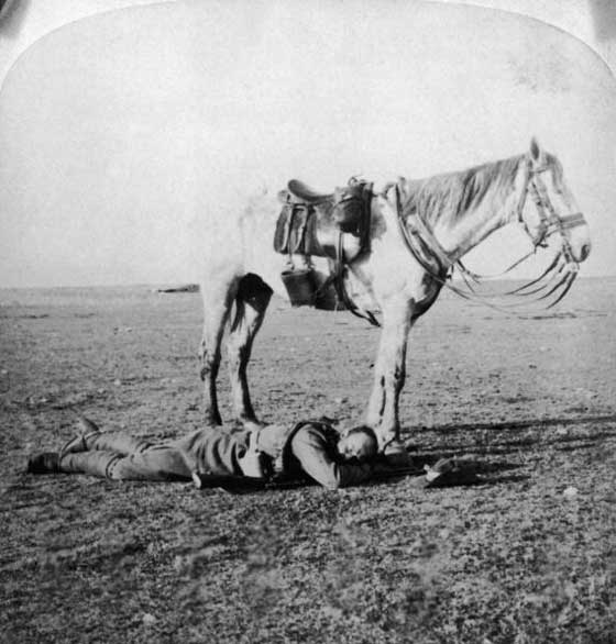 A sleeping soldier and his ready horse, 1901.