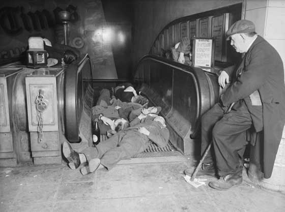 Sleeping on London escalators during the Blitz, 1940s.