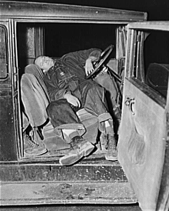 A tired steamfitter napping after a long drive, 1940.