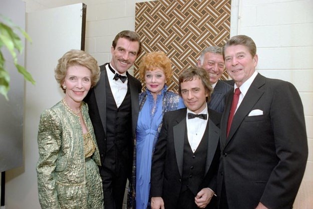 Tom Selleck, Dudley Moore, and Lucille Ball at Bob Hope's 80th birthday party