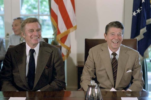 Charlton Heston at a meeting with the Presidential Task Force on the Arts and Humanities