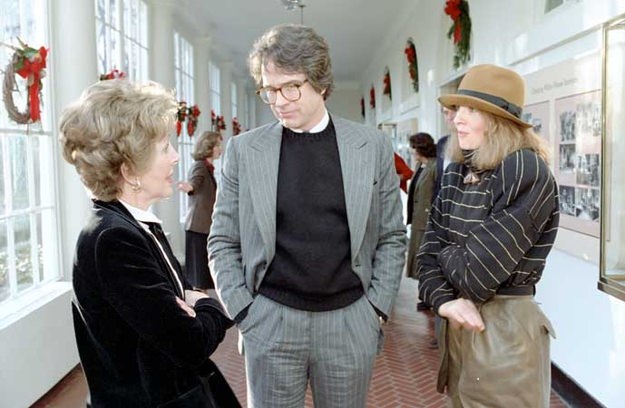 Nancy Reagan talking with Warren Beatty and Diane Keaton at a movie screening for "Reds"