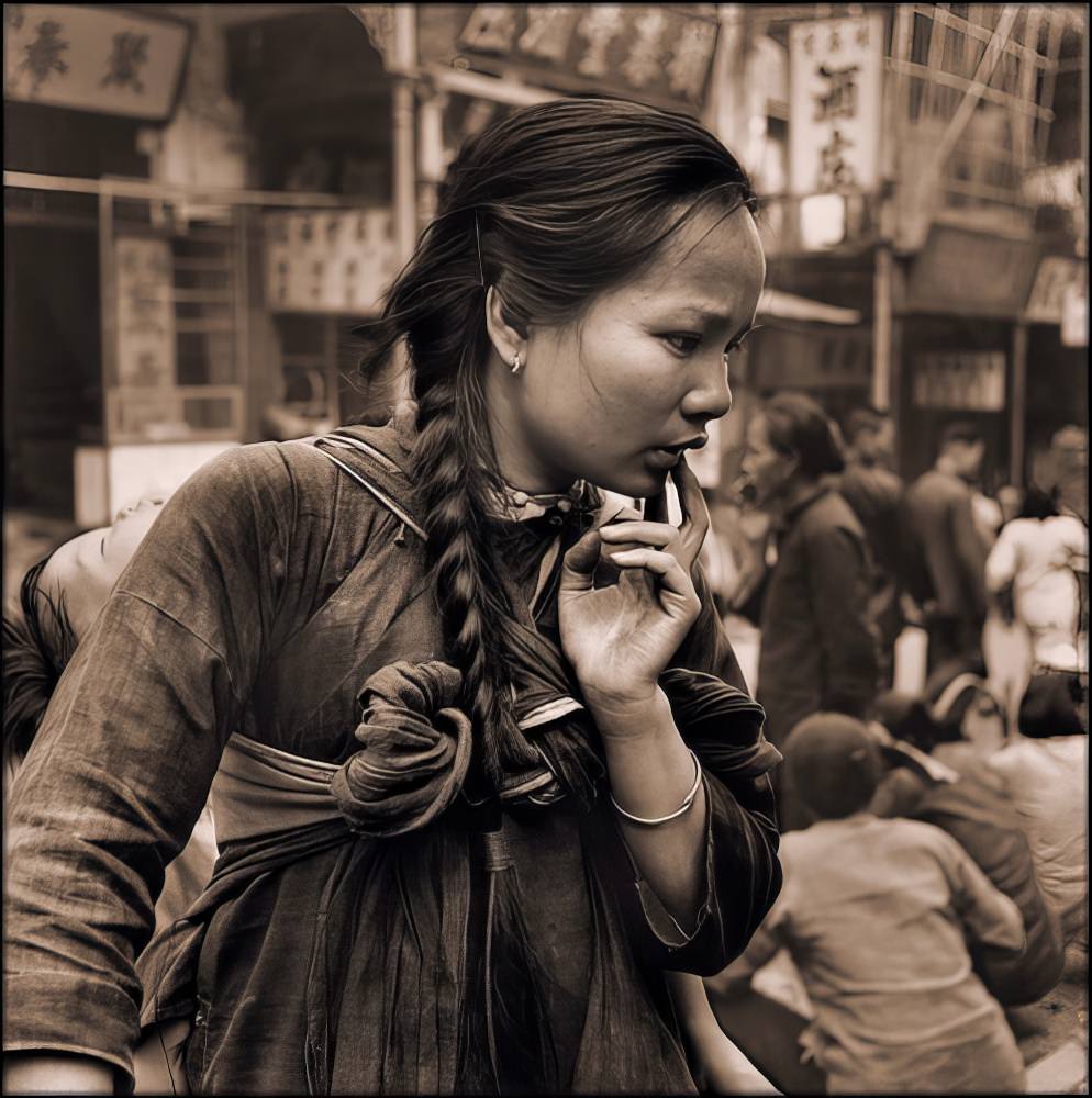 Young mother carrying a child, Hong Kong Island, 1946.