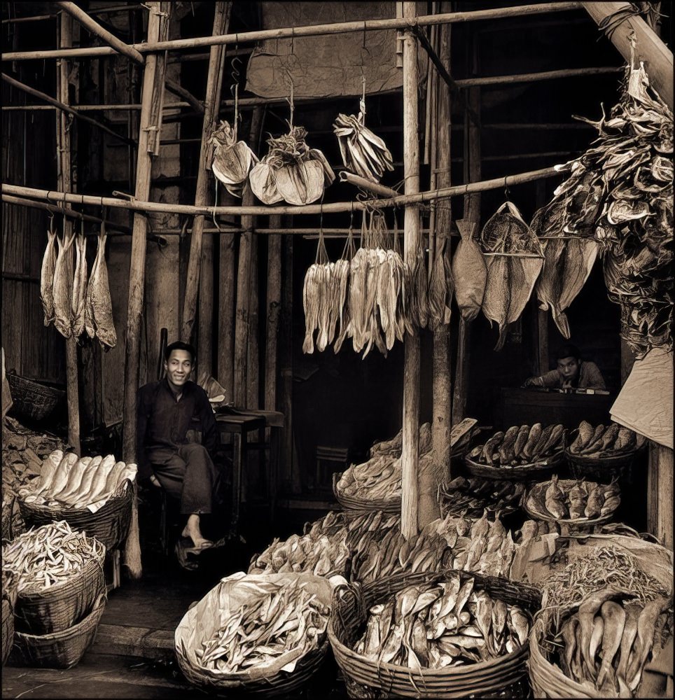 Seated man amid baskets of fish, Hong Kong Island, 1946.