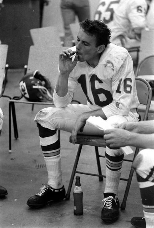 Quarterback Len Dawson in the Chiefs' locker room, Super Bowl I, 1967