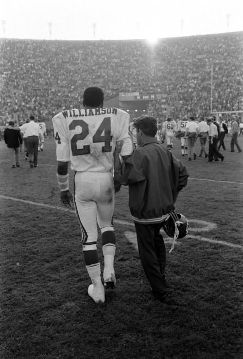 Fred 'The Hammer' Williamson led from the field at the end of the first Super Bowl, 1967. Williamson broke his arm during the game