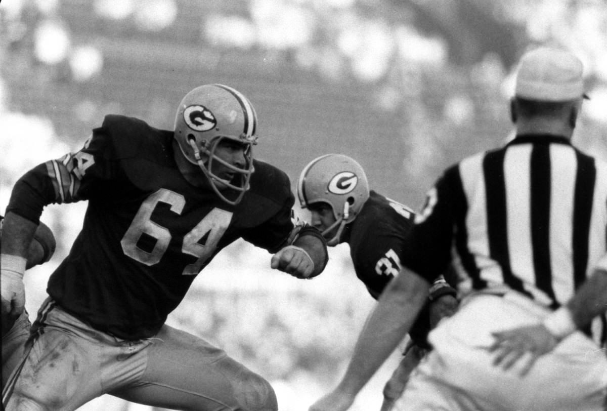 Green Bay's Jerry Kramer — a tremendous offensive lineman who, for some reason, was never inducted into the Pro Football Hall of Fame — in Super Bowl I, 1967